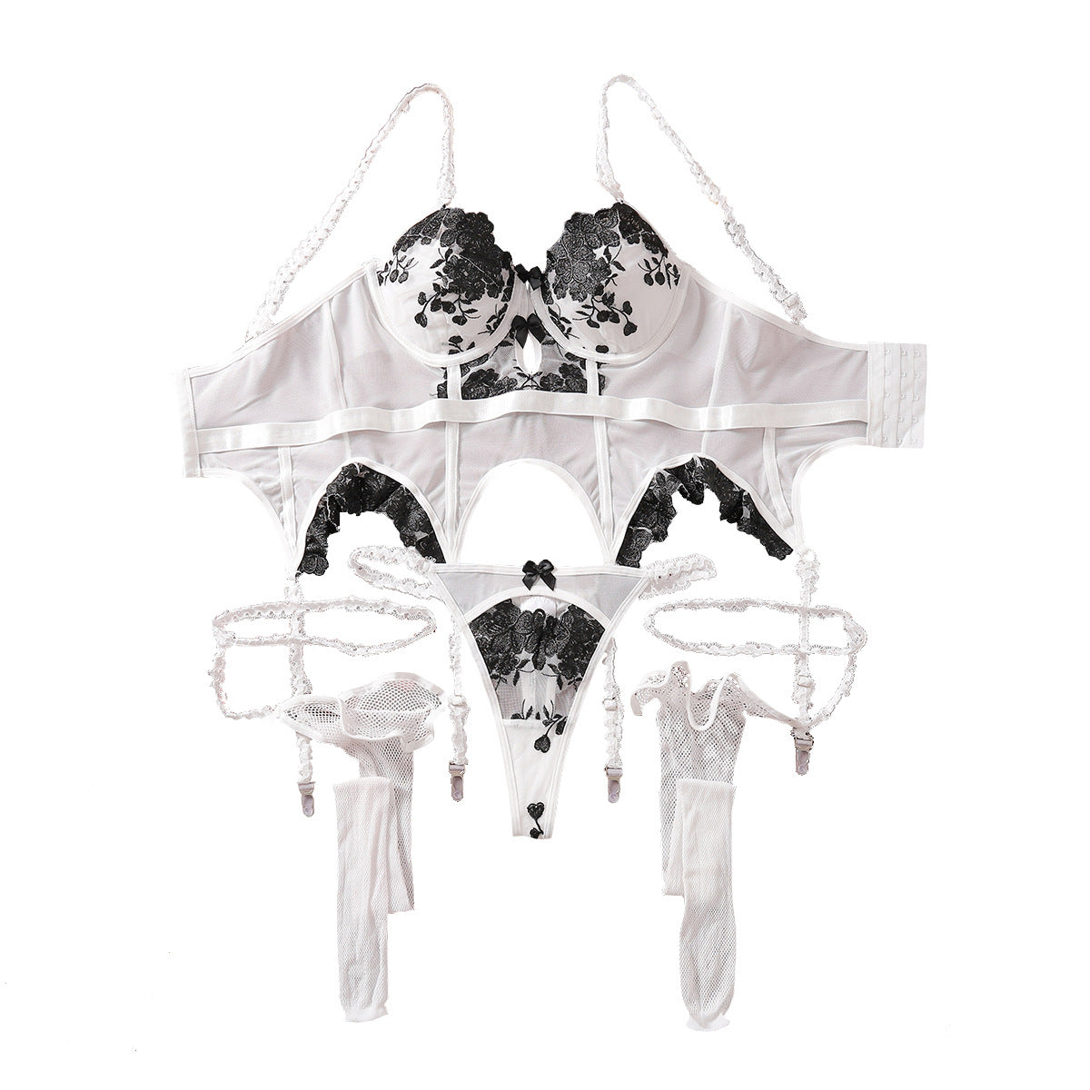 Black & White Embroidered Flower Lingerie Set β Three-Piece with Leg Garters