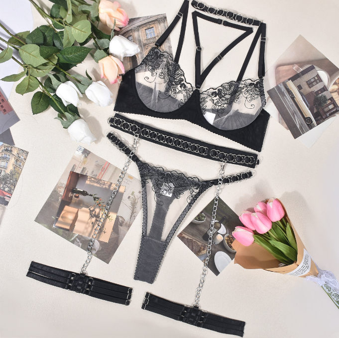 Embroidered Erotic Lingerie 5-Piece Set – Metal Heavy Craft Hanging Neck Ring | Seductive Lingerie Set | Thirty Shades of Play