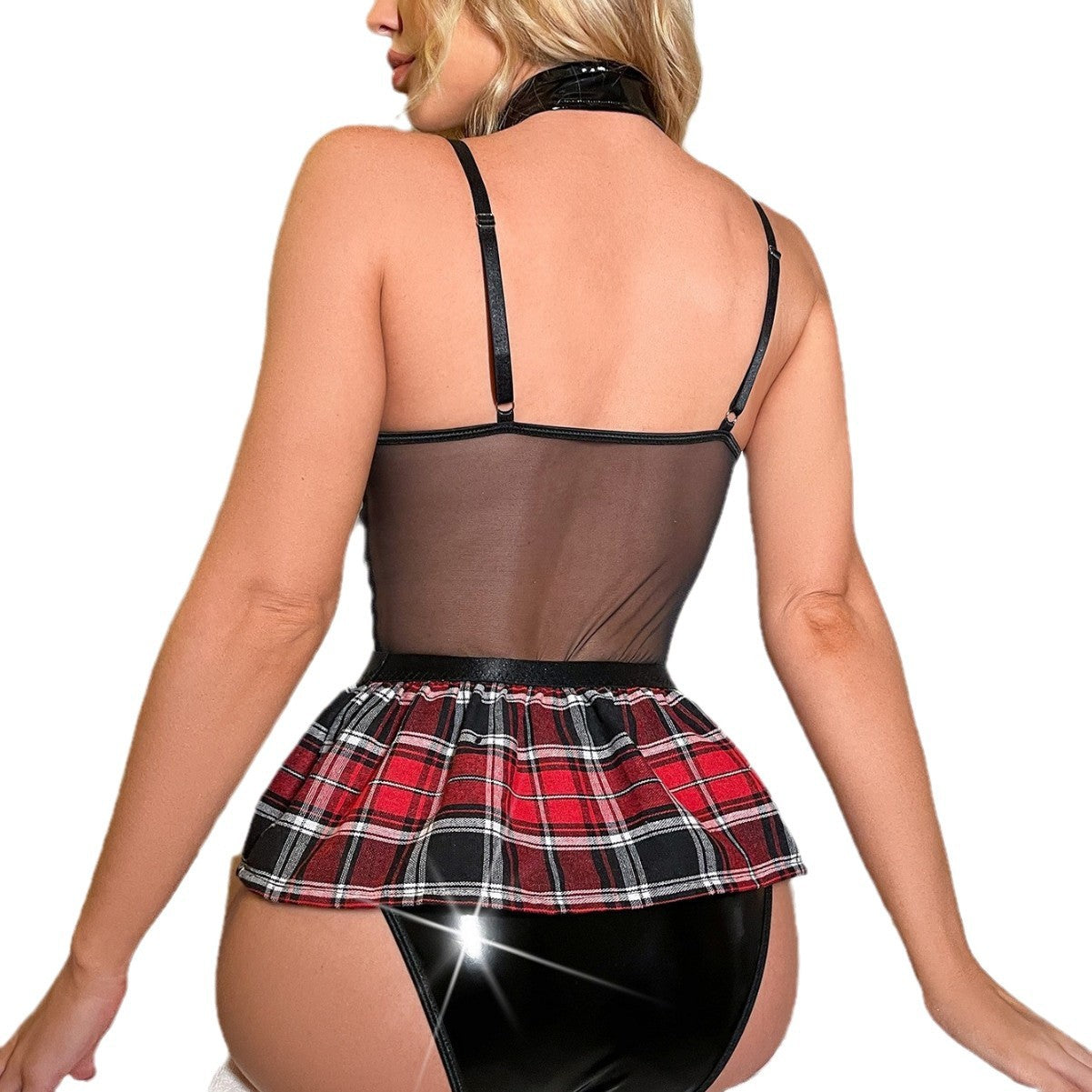Pure Desire Jumpsuit – Sexy Patent Leather Strap Checkered Lingerie & See-Through Uniform