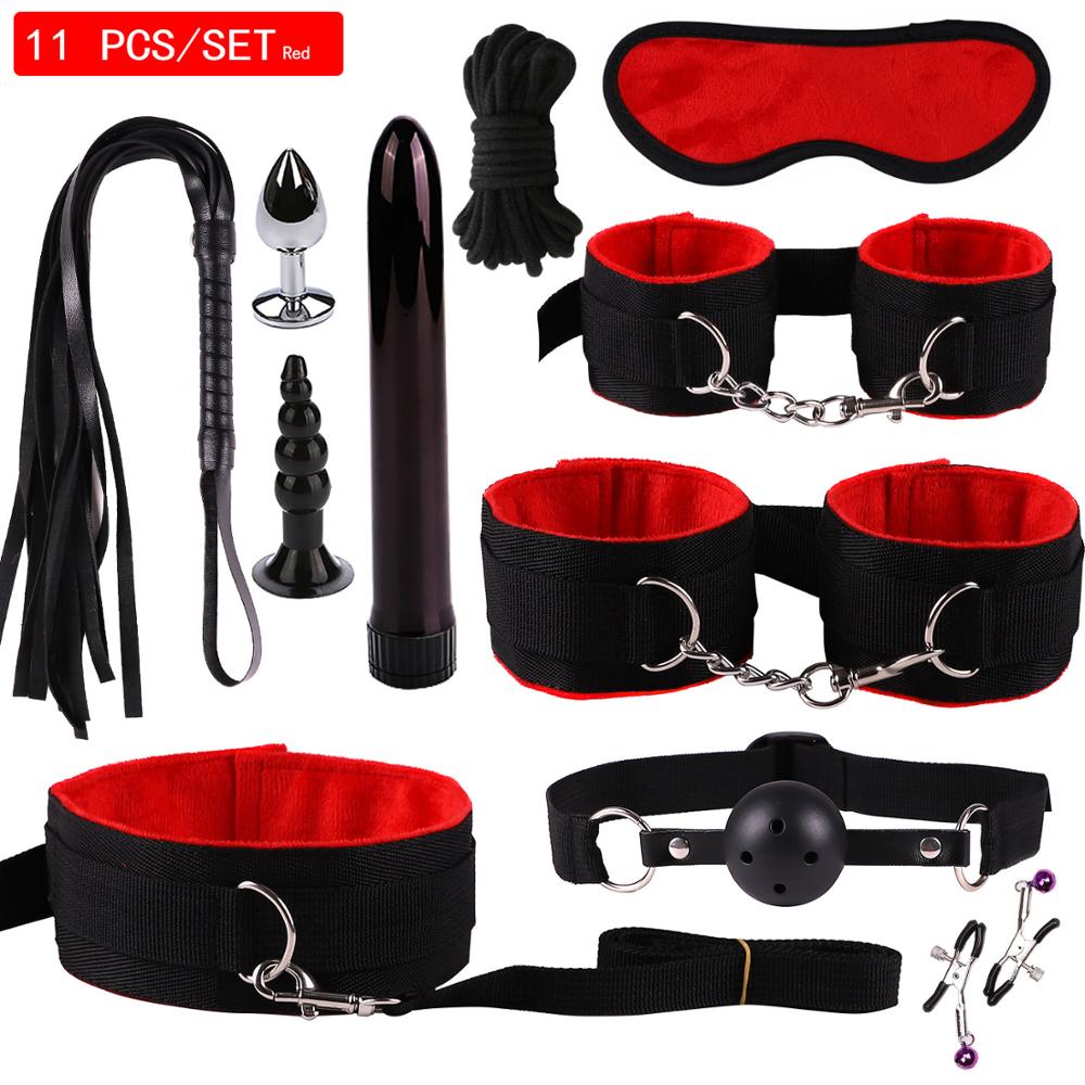 11-Piece Couples Bondage Kit – BDSM Set with Handcuffs, Whip, Rope, Blindfold, Anal Vibrator & More