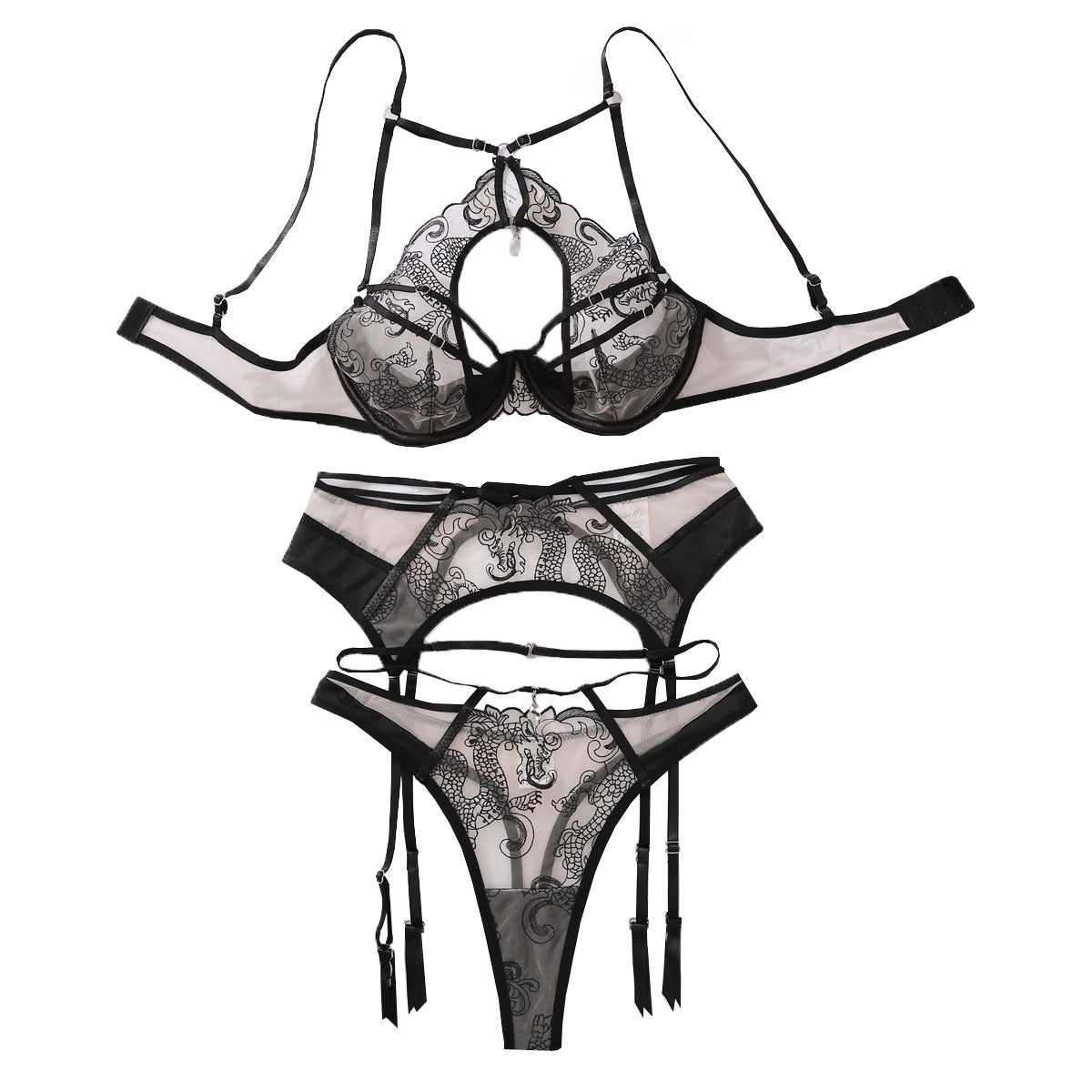 Embroidered Splicing Steel Ring Gathering Sexy Lingerie Three-Piece Set β Seductive Lingerie | Thirty Shades Of Play