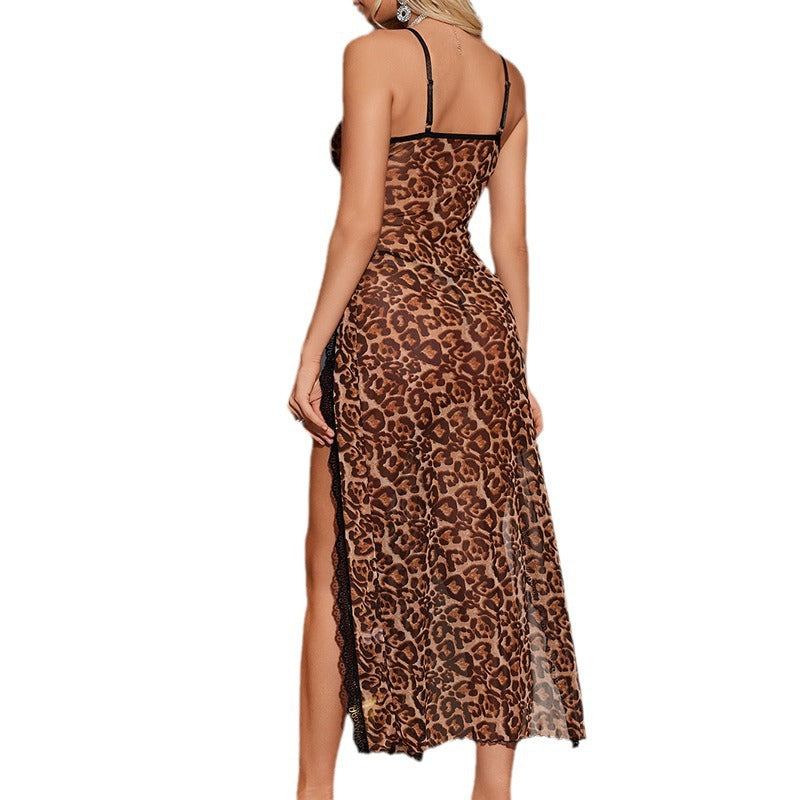Leopard Seduction – See-Through Lace Long Skirt Pajama Set