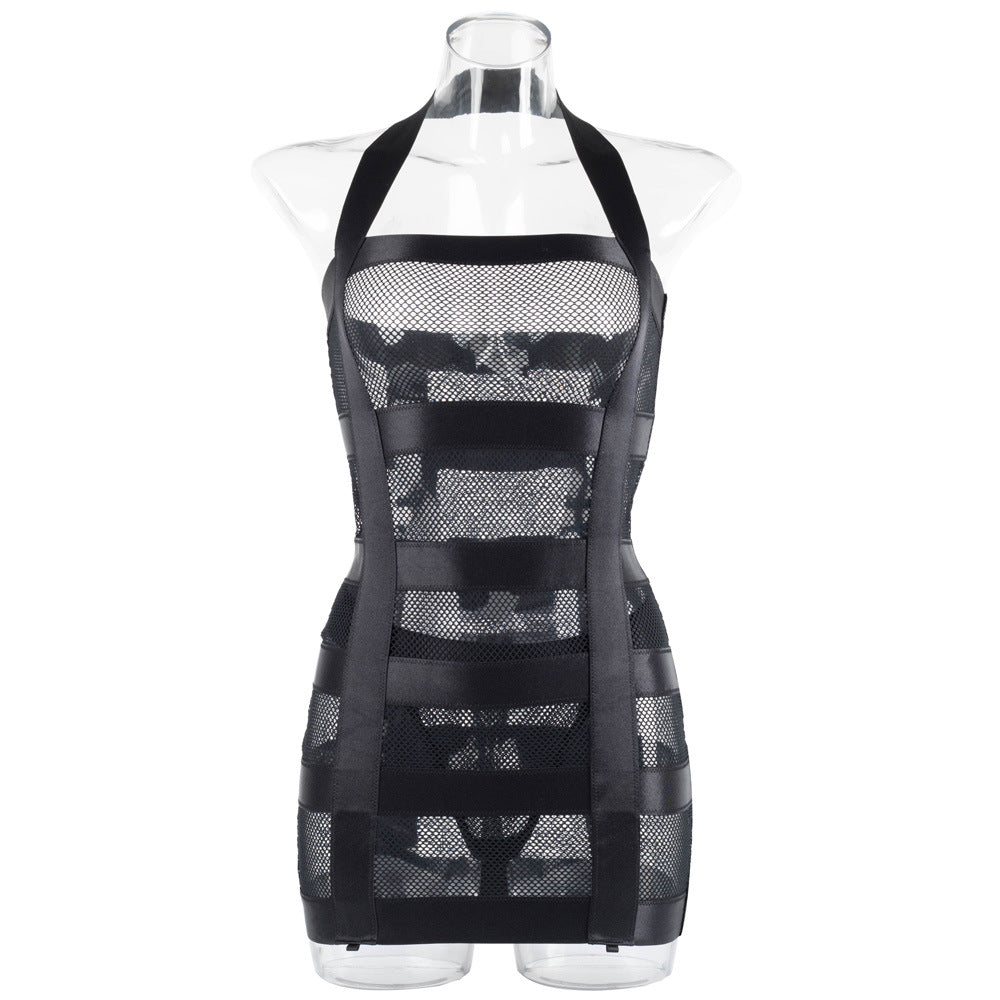 Sexy Neck Hanging Lingerie Set – Hollow Out See-Through Hip Hugging Skirt