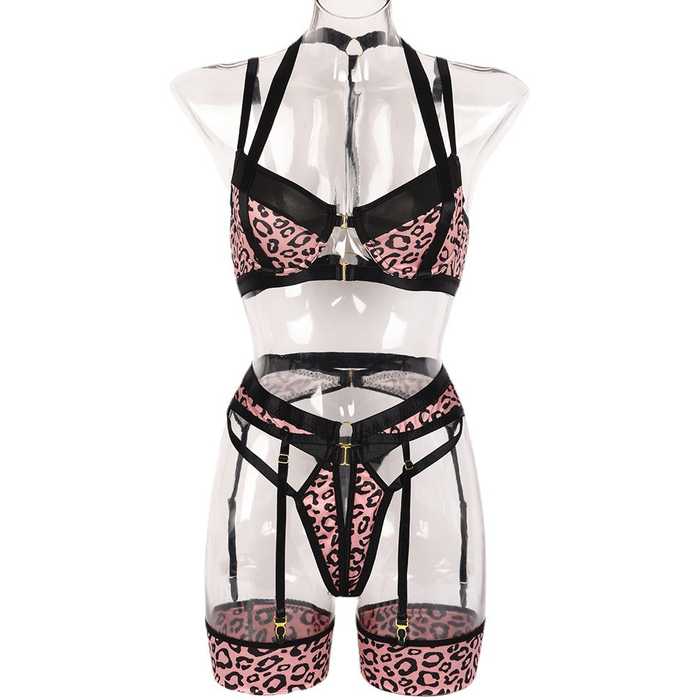 π Sexy Lingerie Three Piece Set β Leopard Print Stitching with Buckle Detail & Ankle Accessory π₯