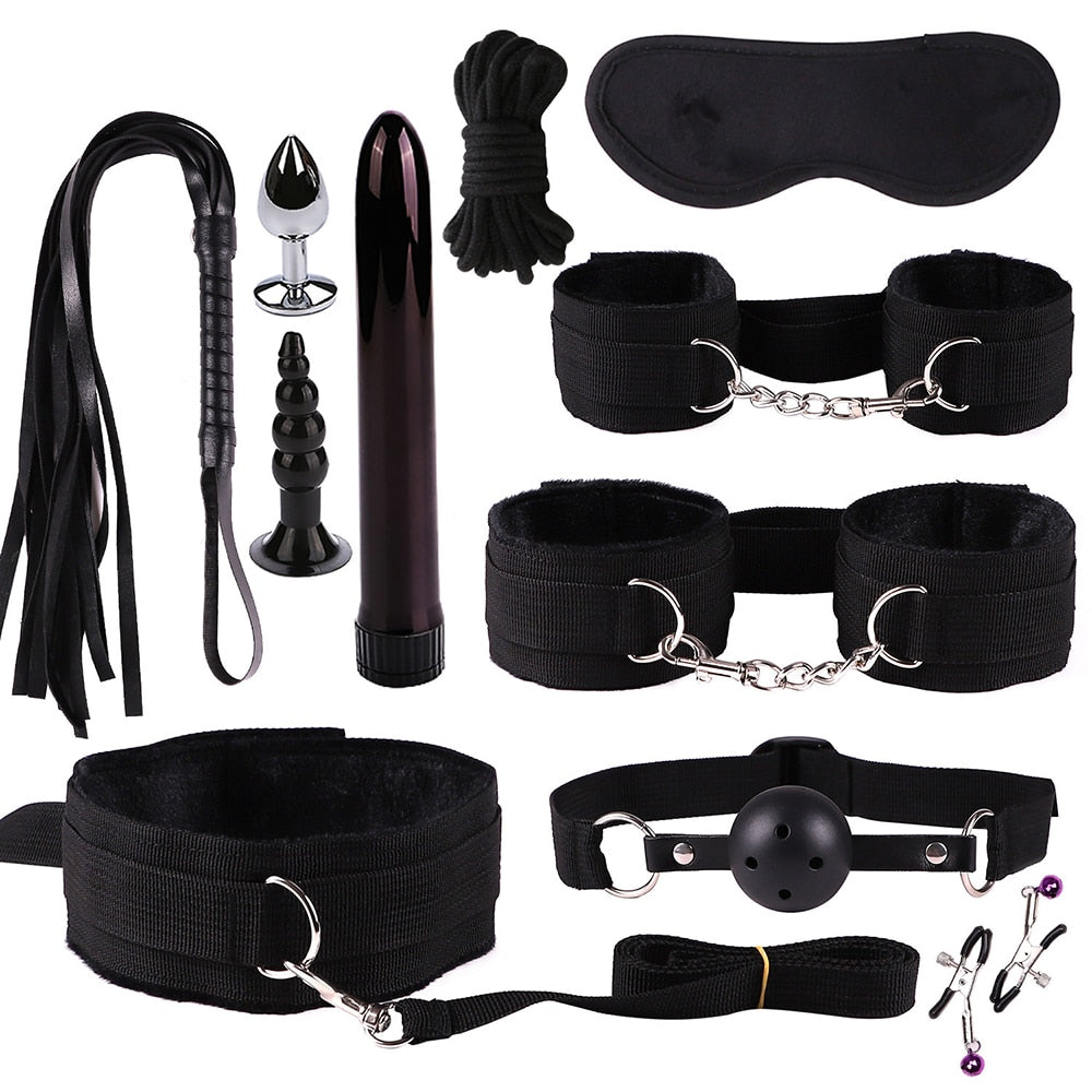 11-Piece Couples Bondage Kit – BDSM Set with Handcuffs, Whip, Rope, Blindfold, Anal Vibrator & More