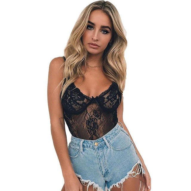 Sexy Mesh Hollow-Out Lace Bodysuit – One-Piece Lingerie Sleepwear for Women