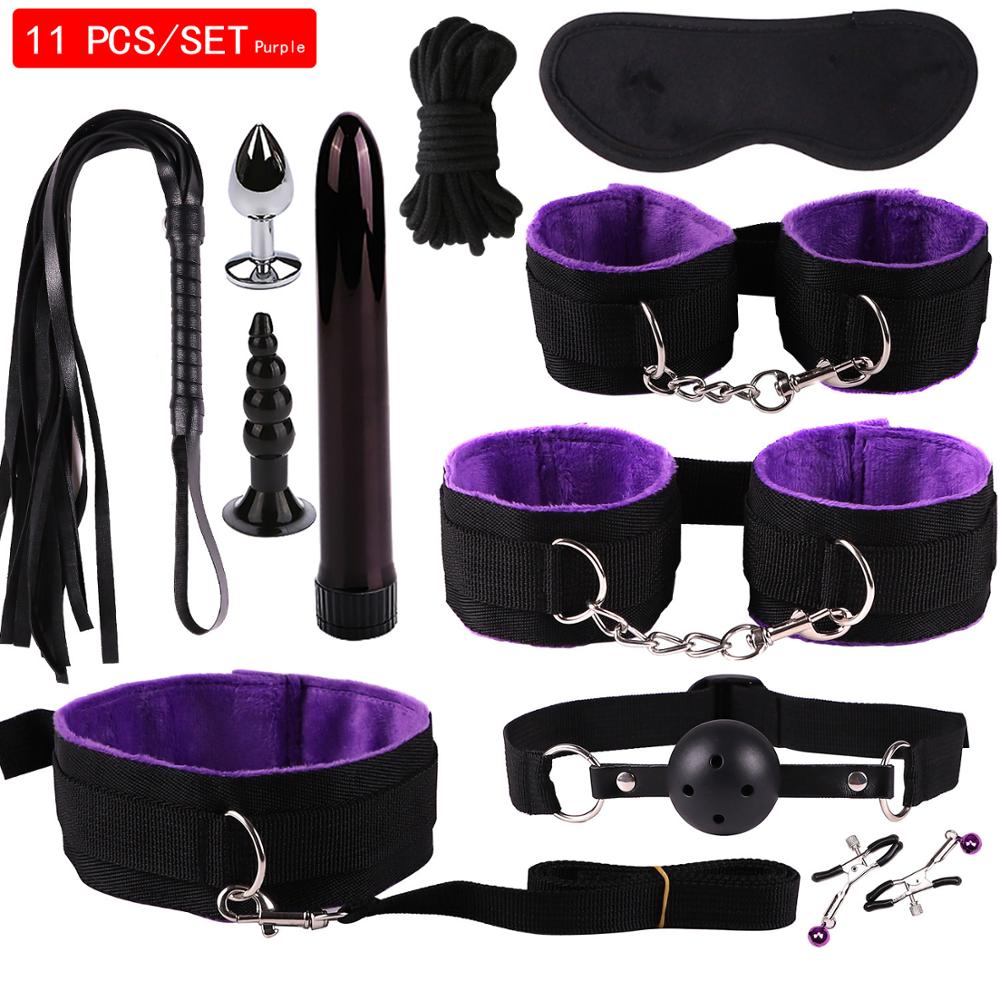 11-Piece Couples Bondage Kit – BDSM Set with Handcuffs, Whip, Rope, Blindfold, Anal Vibrator & More