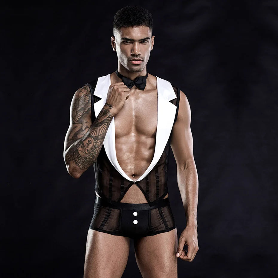 JSY Men’s Waiter Lace Bodysuit – Sexy Cosplay Lingerie Set & Erotic Roleplay Costume