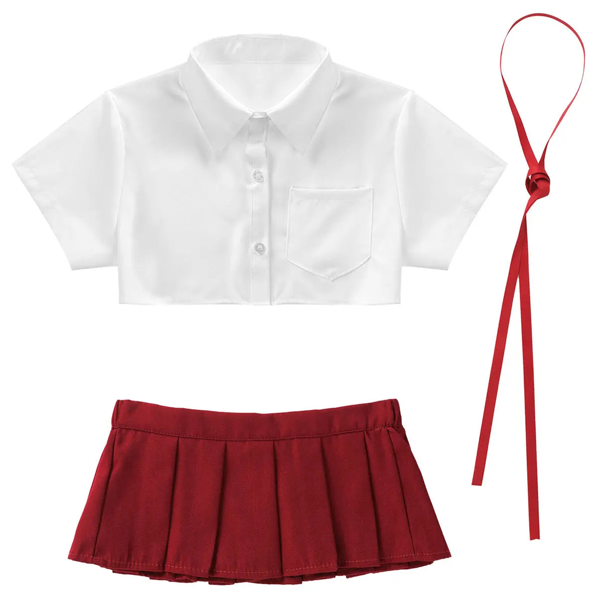 Sexy Women’s Naughty School Girl Cosplay Costume – Turn-Down Collar Crop Top with Ribbon & Mini Pleated Skirt