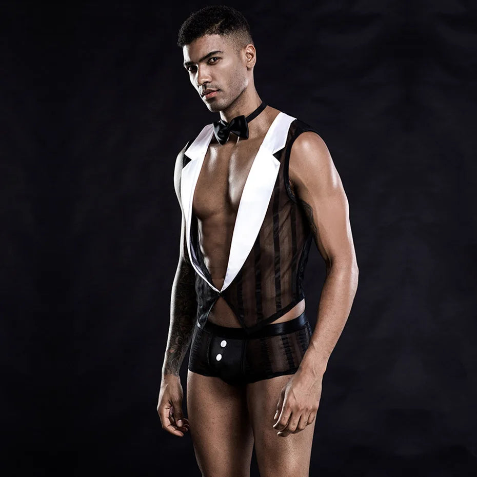 JSY Men’s Waiter Lace Bodysuit – Sexy Cosplay Lingerie Set & Erotic Roleplay Costume