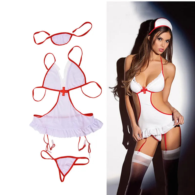 Sexy Nurse Cosplay Lingerie β Transparent Teddy Costume for Women