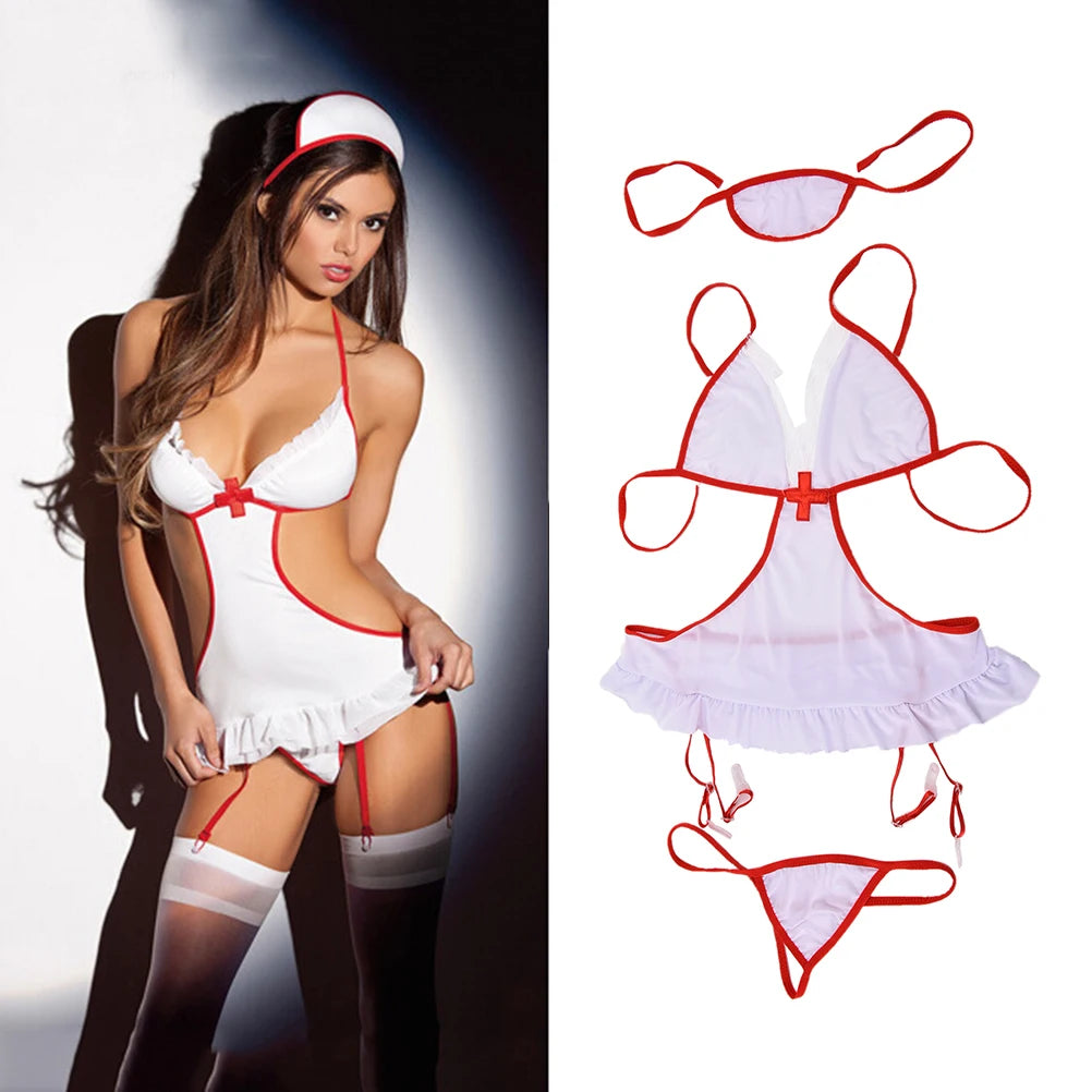 Sexy Nurse Cosplay Lingerie β Transparent Teddy Costume for Women