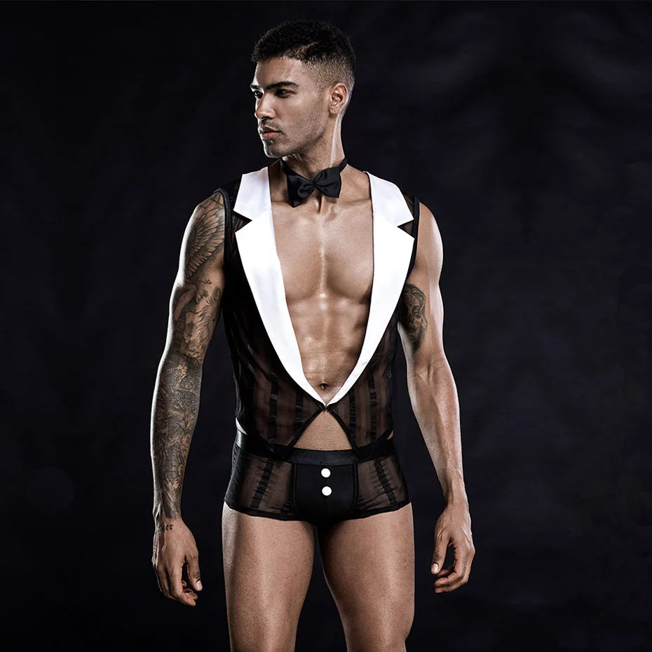 JSY Men’s Waiter Lace Bodysuit – Sexy Cosplay Lingerie Set & Erotic Roleplay Costume