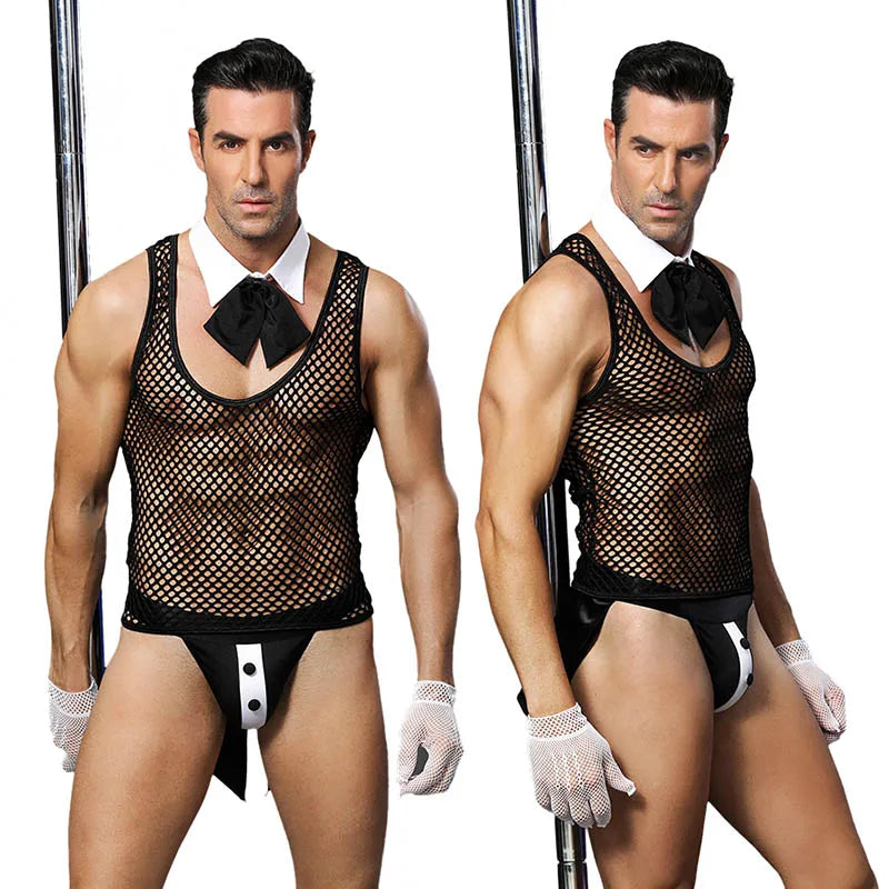 JSY Men’s Waiter Lace Bodysuit – Sexy Cosplay Lingerie Set & Erotic Roleplay Costume