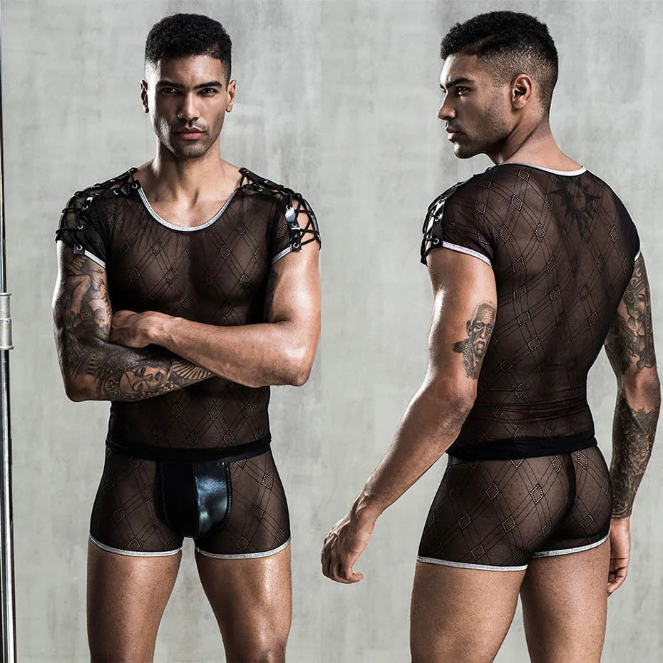 JSY Sexy Waiter Cosplay Set – Men’s Black Mesh Lingerie Uniform for Roleplay & Erotic Costumes