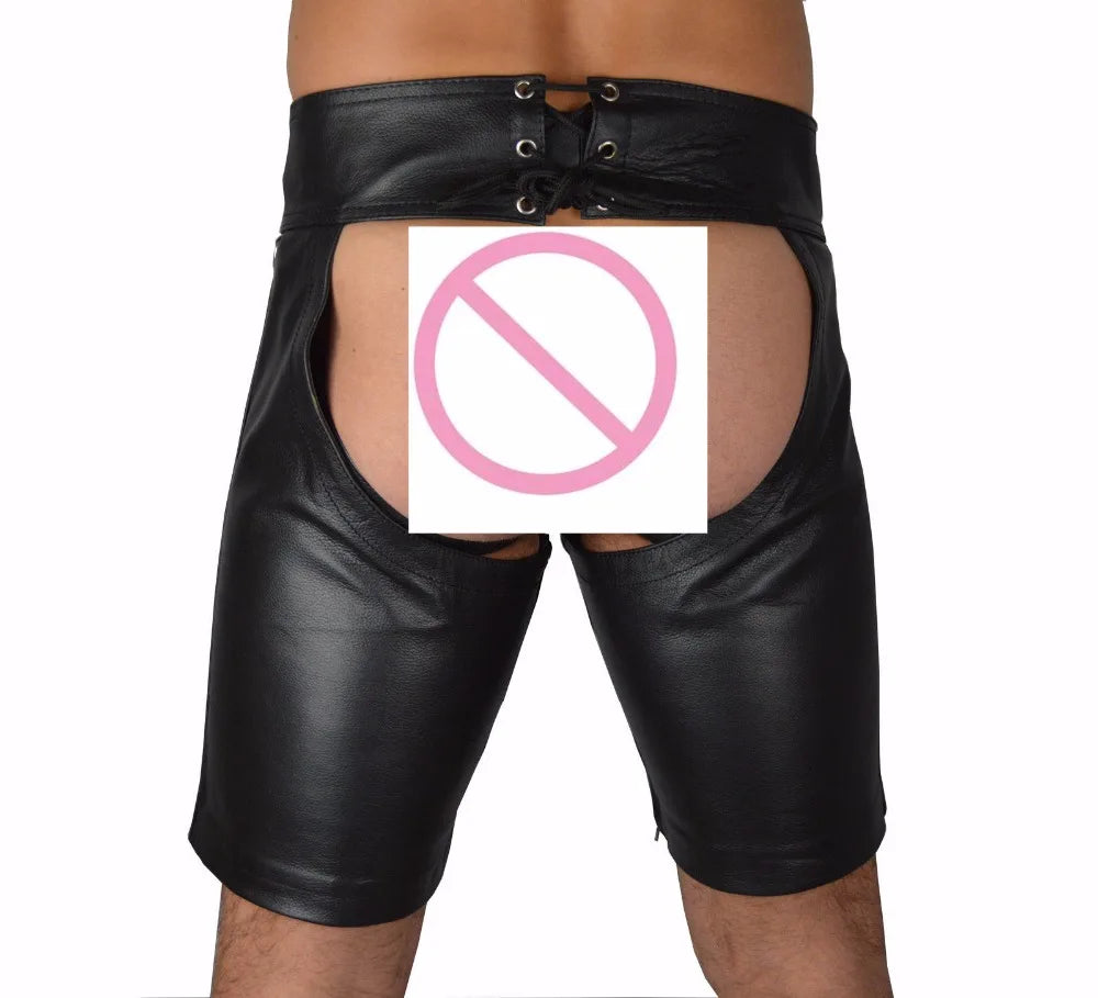 Men’s Faux Leather Lace-Up Bondage Shorts – Open Crotch PVC Gothic Fetish Lingerie