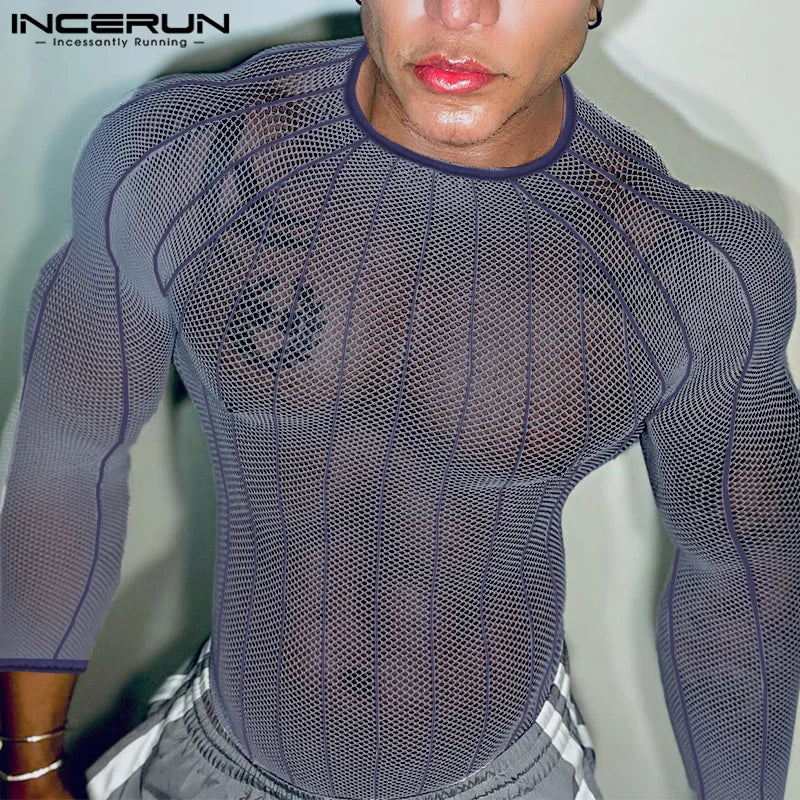 INCERUN 2025 American Style Men’s Perspective T-Shirt – Sexy Casual Clubwear Long Sleeved Camiseta