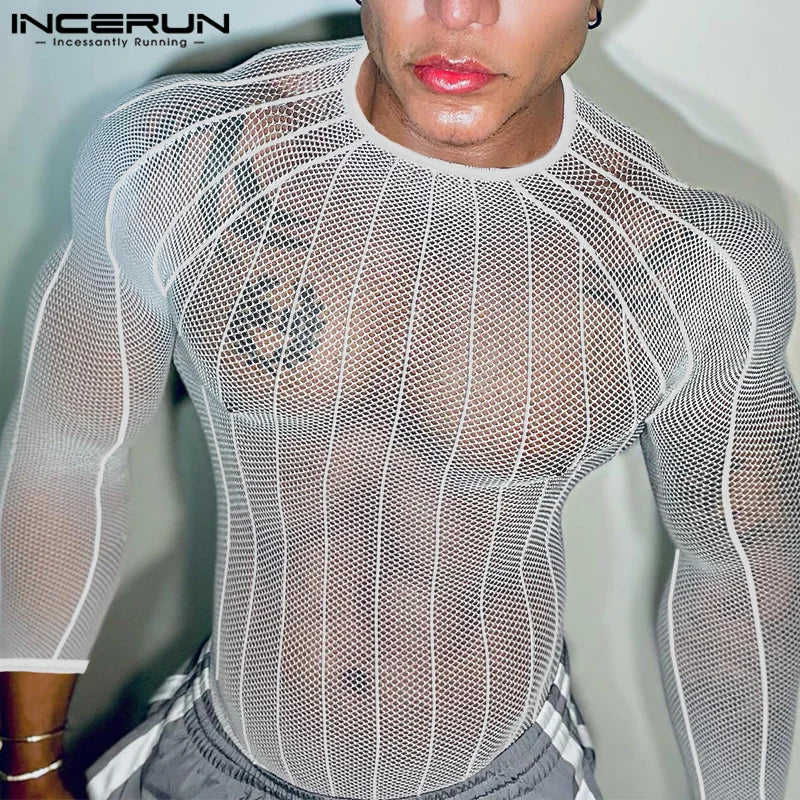 INCERUN 2025 American Style Men’s Perspective T-Shirt – Sexy Casual Clubwear Long Sleeved Camiseta