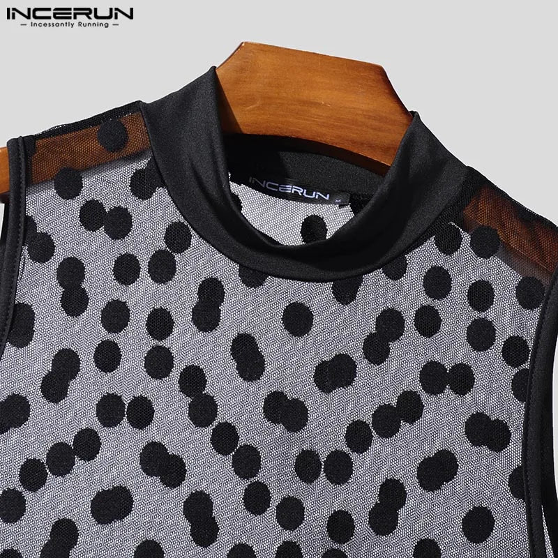 INCERUN Men's Polka Dot Mesh See-Through Jumpsuit – Sexy Sleeveless Bodysuit Loungewear (S–3XL)