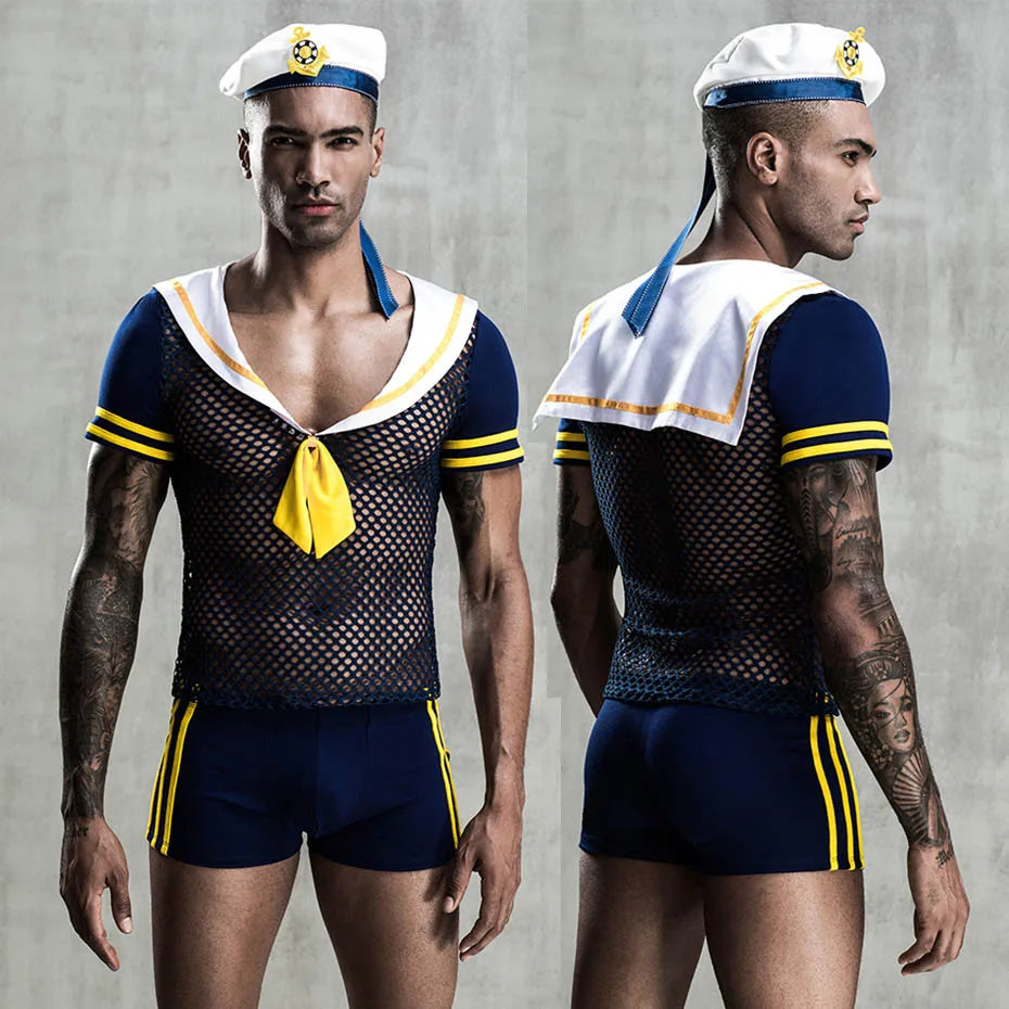 JSY Sexy Waiter Cosplay Set – Men’s Black Mesh Lingerie Uniform for Roleplay & Erotic Costumes
