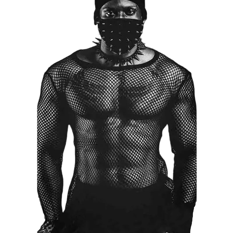 Korean-Inspired Young Men's Round Neck Mesh Hollow Sexy Slim-Fit Long Sleeve T-Shirt – Personalized Clubwear (S–XL)
