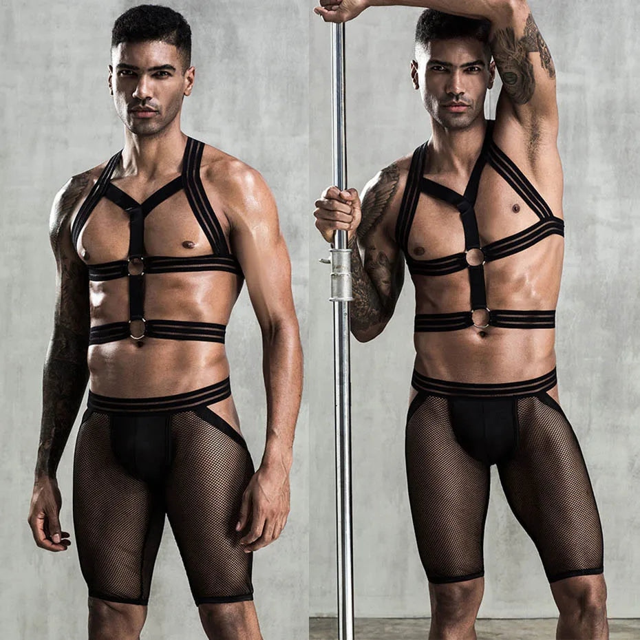 JSY Sexy Waiter Cosplay Set – Men’s Black Mesh Lingerie Uniform for Roleplay & Erotic Costumes