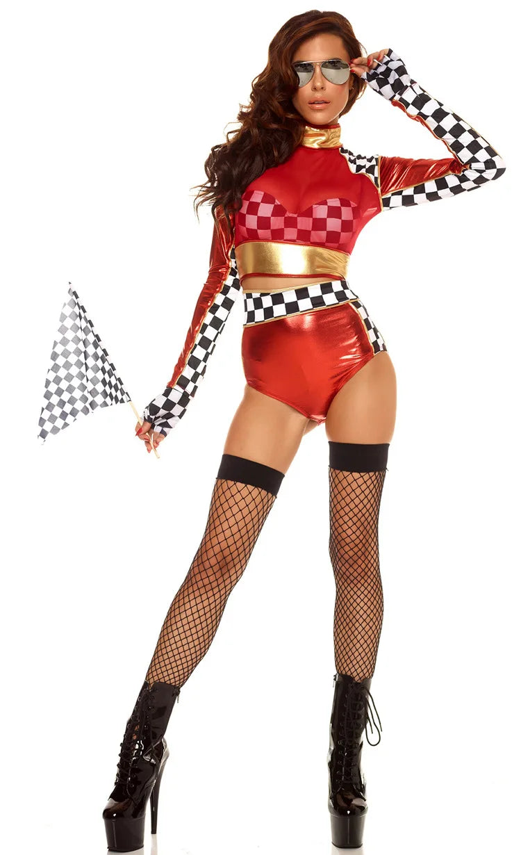 Sexy Race Girl Costume – Race Car Driver Jumpsuit, Black & White Plaid Outfit, Halloween Long Sleeves Racing Girl Bodysuit