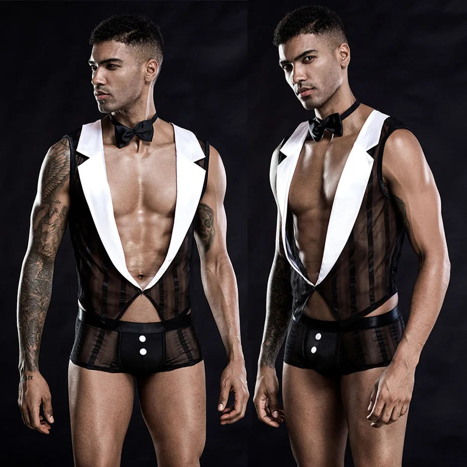 JSY Sexy Waiter Cosplay Set – Men’s Black Mesh Lingerie Uniform for Roleplay & Erotic Costumes