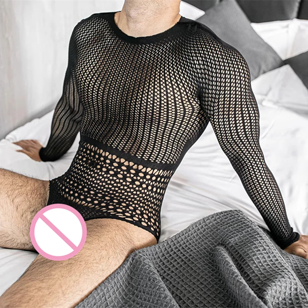 Bodystockings Sexy Lingerie Men – Open Buttocks Mesh Sex Stocking, Erotic Transparent Gay Bodysuit for Adults