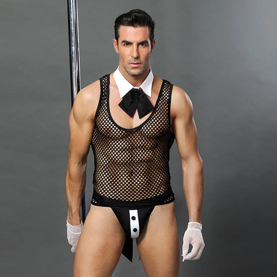 JSY Sexy Waiter Cosplay Set – Men’s Black Mesh Lingerie Uniform for Roleplay & Erotic Costumes