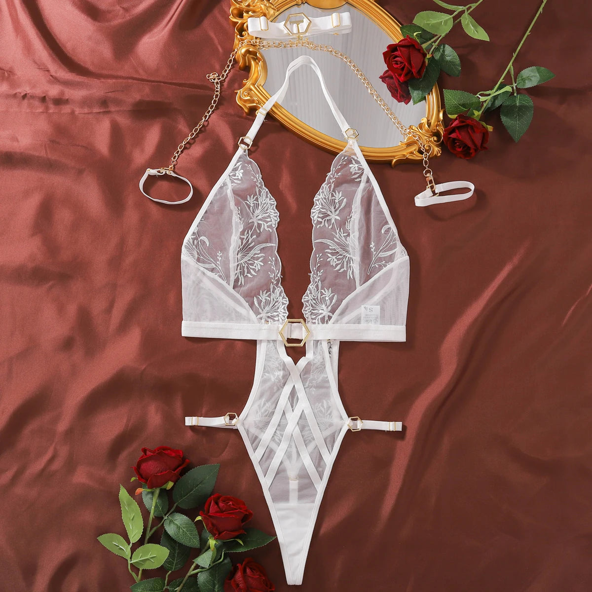 2025 “Chain Reaction” Hollow Out Mesh Lace Onesie – Exotic Neck Splice Lingerie Costume
