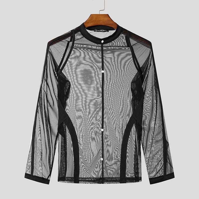 INCERUN Men’s Tight Mesh Splicing Long Sleeve Shirt – Sexy Sheer Clubwear Camiseta
