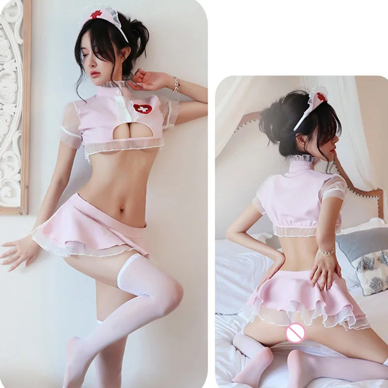 Sexy Nurse Lace Lingerie โ Breast Peek Cosplay Uniform for Women