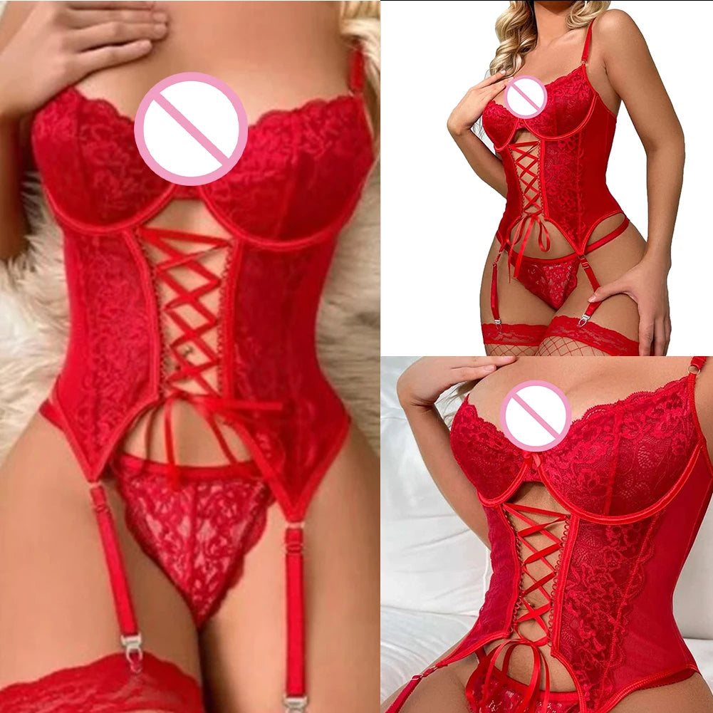 Seductive Lace β Two-Piece See-Through Lingerie Set with Steel Ring & Garter ππ₯