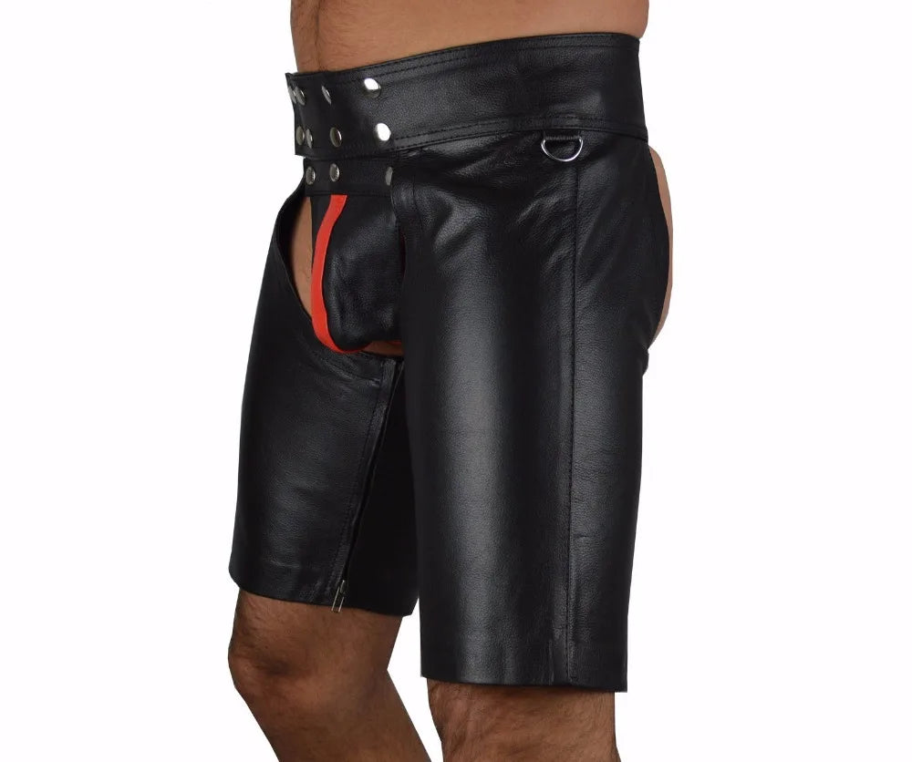 Men’s Faux Leather Lace-Up Bondage Shorts – Open Crotch PVC Gothic Fetish Lingerie