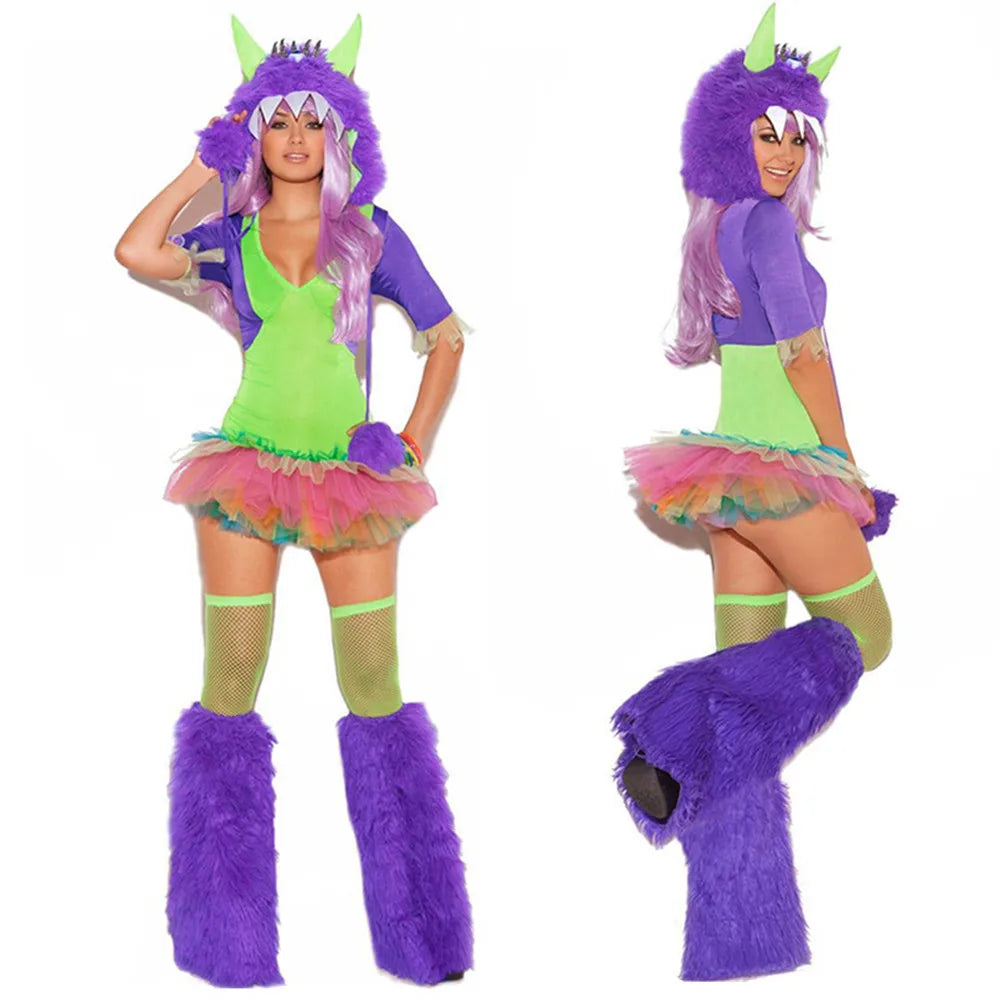 Deluxe Plush Monster Girl Costume – Furry Leopard Fox Cat Cosplay Dress-Up Outfit for Women