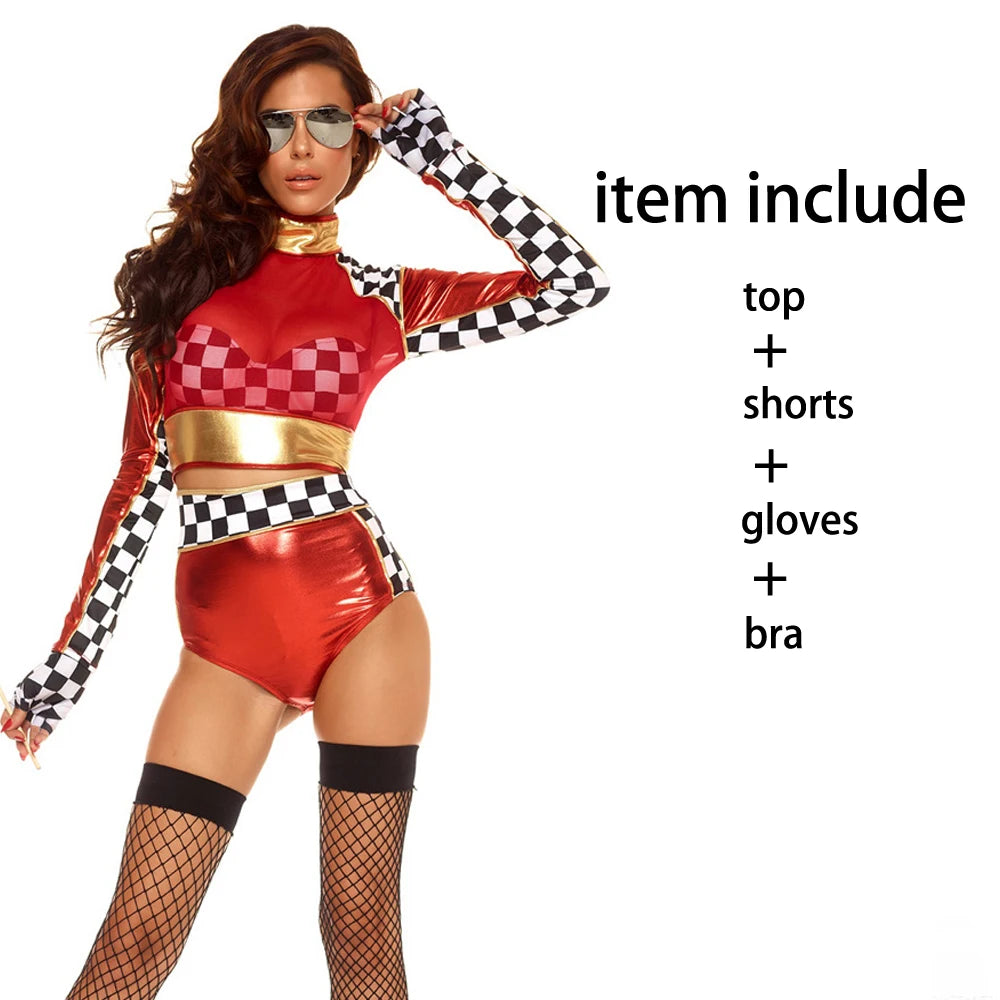Sexy Race Girl Costume – Race Car Driver Jumpsuit, Black & White Plaid Outfit, Halloween Long Sleeves Racing Girl Bodysuit