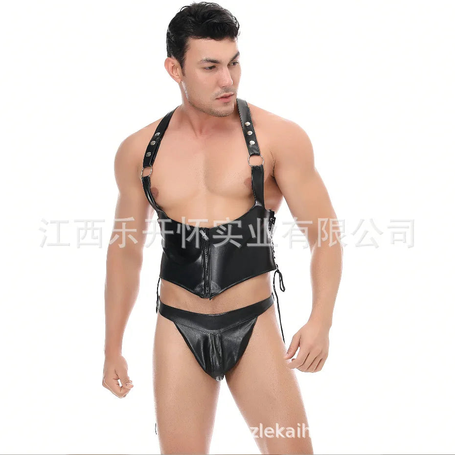 Men’s Faux Leather Lace-Up Bondage Shorts – Open Crotch PVC Gothic Fetish Lingerie