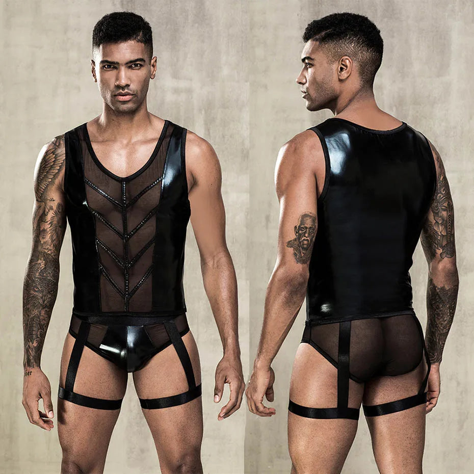 JSY Sexy Waiter Cosplay Set – Men’s Black Mesh Lingerie Uniform for Roleplay & Erotic Costumes