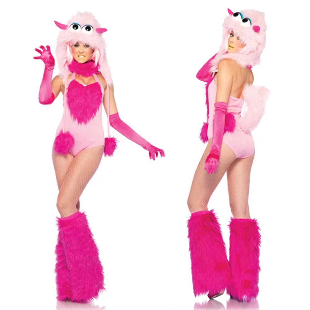 Deluxe Plush Monster Girl Costume – Furry Leopard Fox Cat Cosplay Dress-Up Outfit for Women