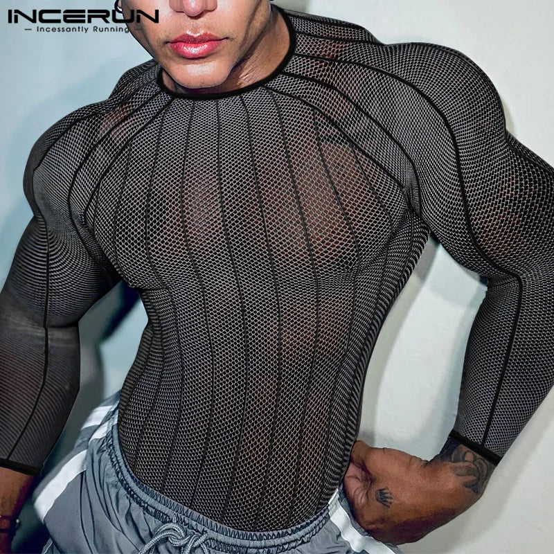 INCERUN 2025 American Style Men’s Perspective T-Shirt – Sexy Casual Clubwear Long Sleeved Camiseta