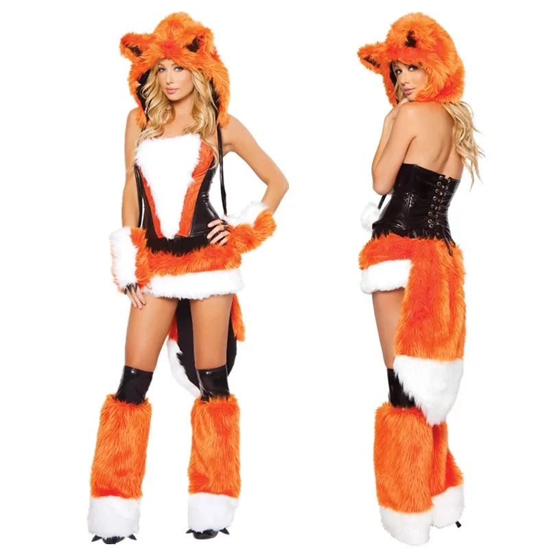 Deluxe Plush Monster Girl Costume – Furry Leopard Fox Cat Cosplay Dress-Up Outfit for Women
