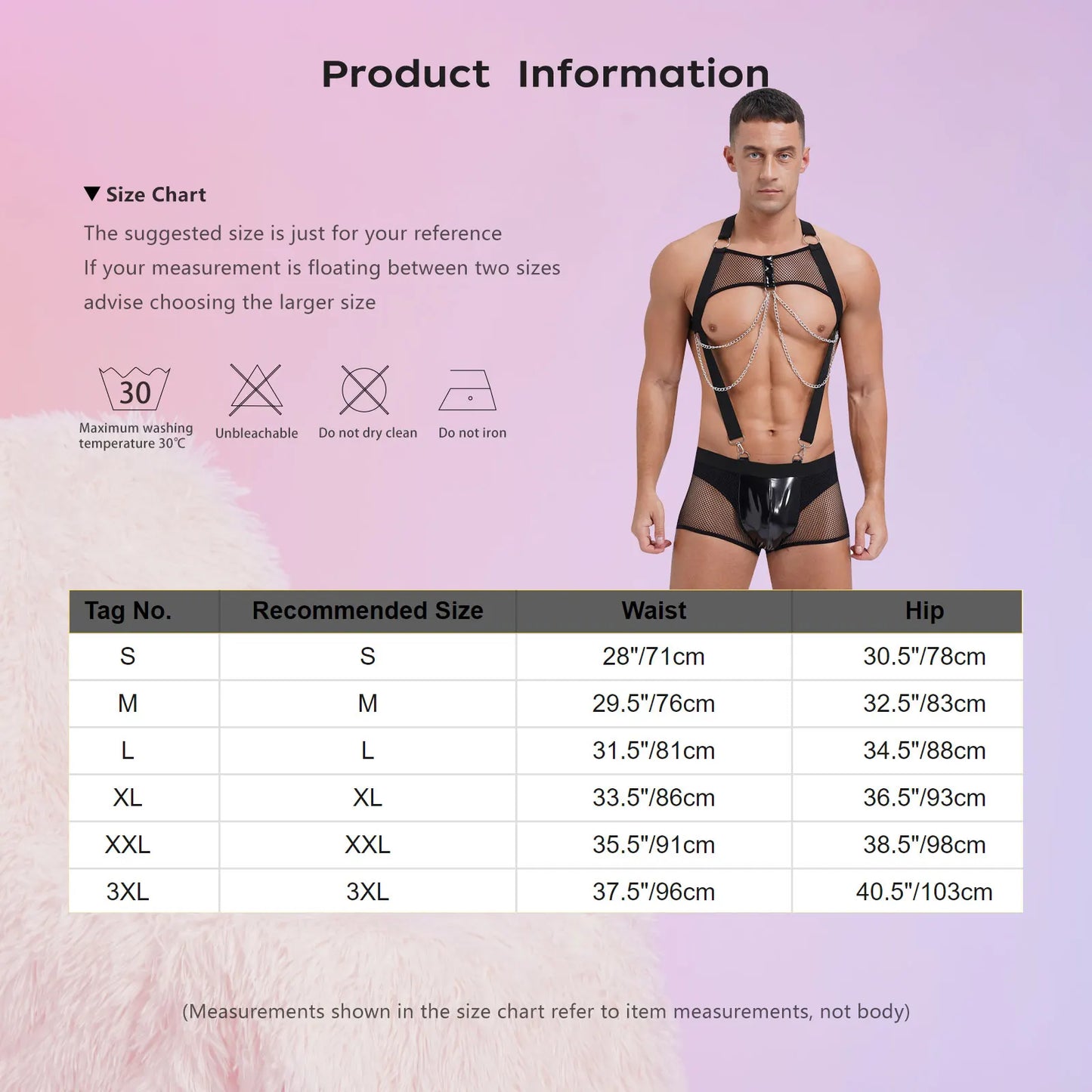 Men’s See-Through Fishnet Bodysuit with Chain Chest Harness & Glossy Pouch Trunks – Sexy Rave Clubwear