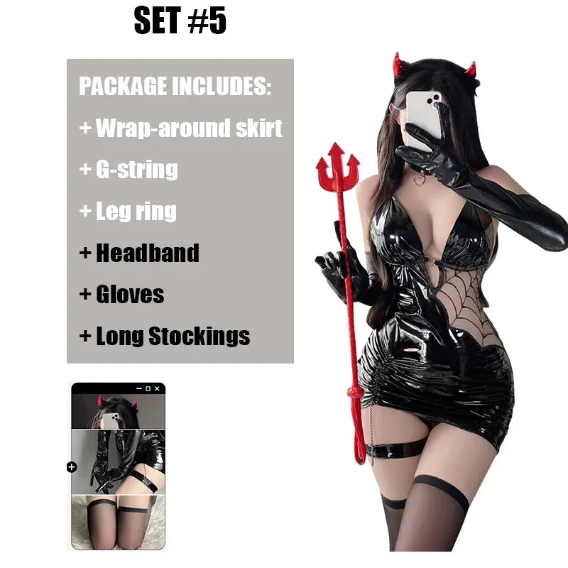Spider Seduction Halloween Costume β PU Leather Cosplay Dress + Stockings
