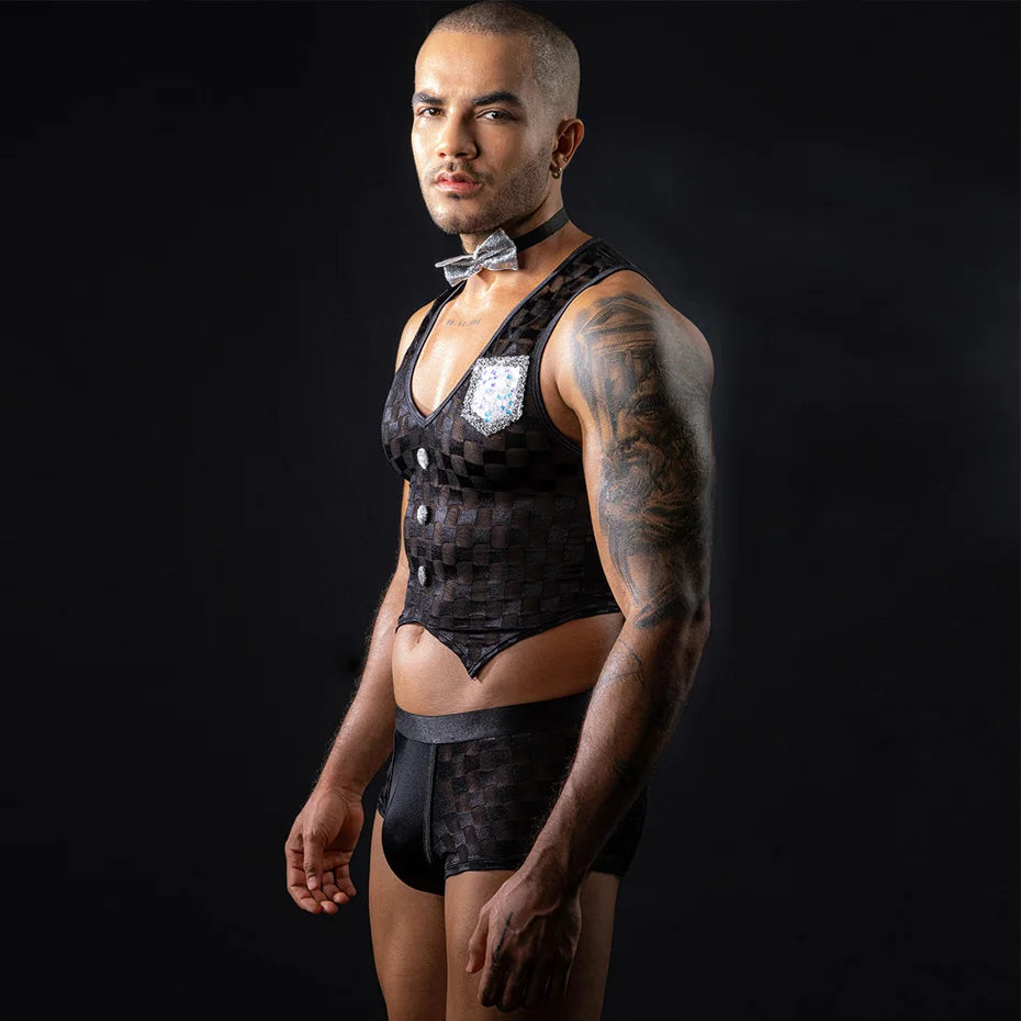 JSY Sexy Waiter Cosplay Lingerie for Men – Plaid Top & Bowtie Roleplay Set