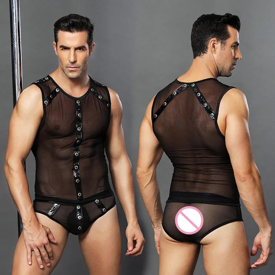 JSY Sexy Waiter Cosplay Set – Men’s Black Mesh Lingerie Uniform for Roleplay & Erotic Costumes