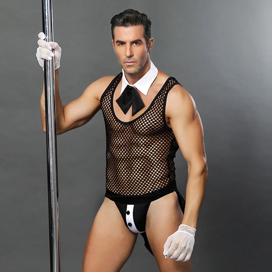 JSY Sexy Waiter Cosplay Set – Men’s Black Mesh Lingerie Uniform for Roleplay & Erotic Costumes