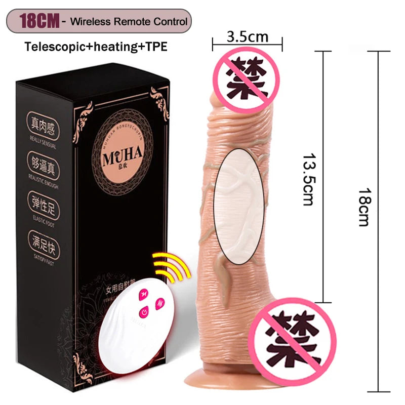 Big Dildo Vibrator – Rechargeable Telescopic Swinging Heating Remote Control Silicone Dildo for Women & Gay Men