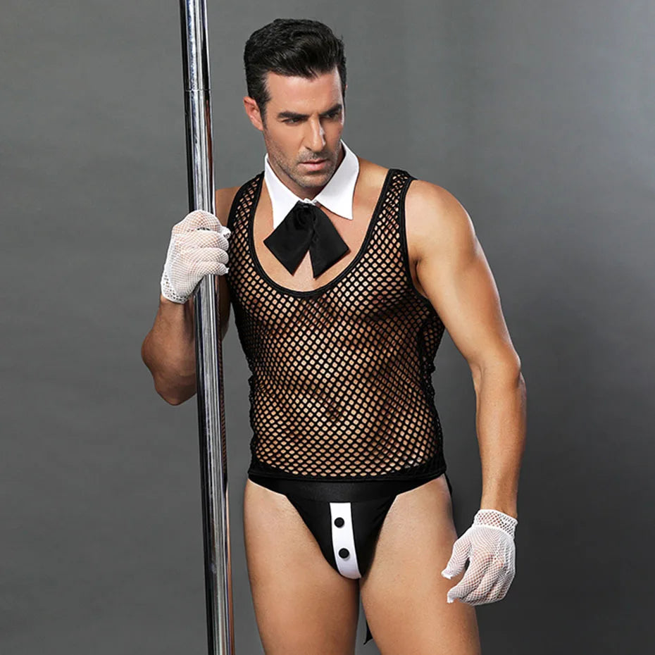 JSY Sexy Waiter Cosplay Set – Men’s Black Mesh Lingerie Uniform for Roleplay & Erotic Costumes