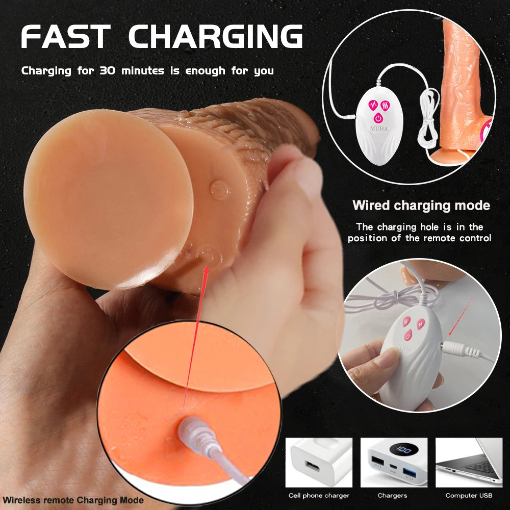 Big Dildo Vibrator – Rechargeable Telescopic Swinging Heating Remote Control Silicone Dildo for Women & Gay Men